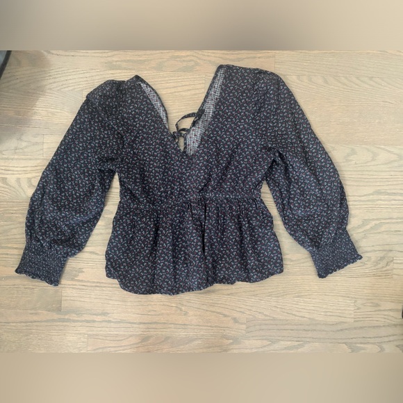 Madewell Blue Tie-Back Peplum Top in Campden Daisies size medium 100% cotton - Picture 6 of 9